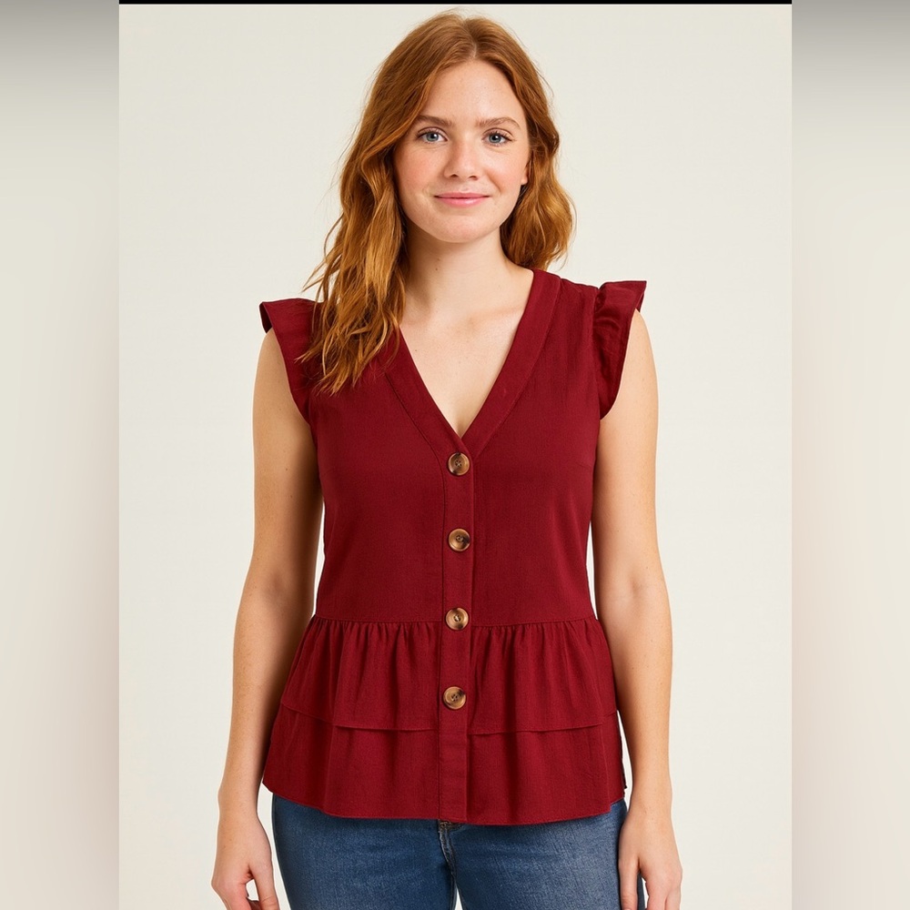 Hayden Button Down Ruffle Cap Sleeve Blouse Large